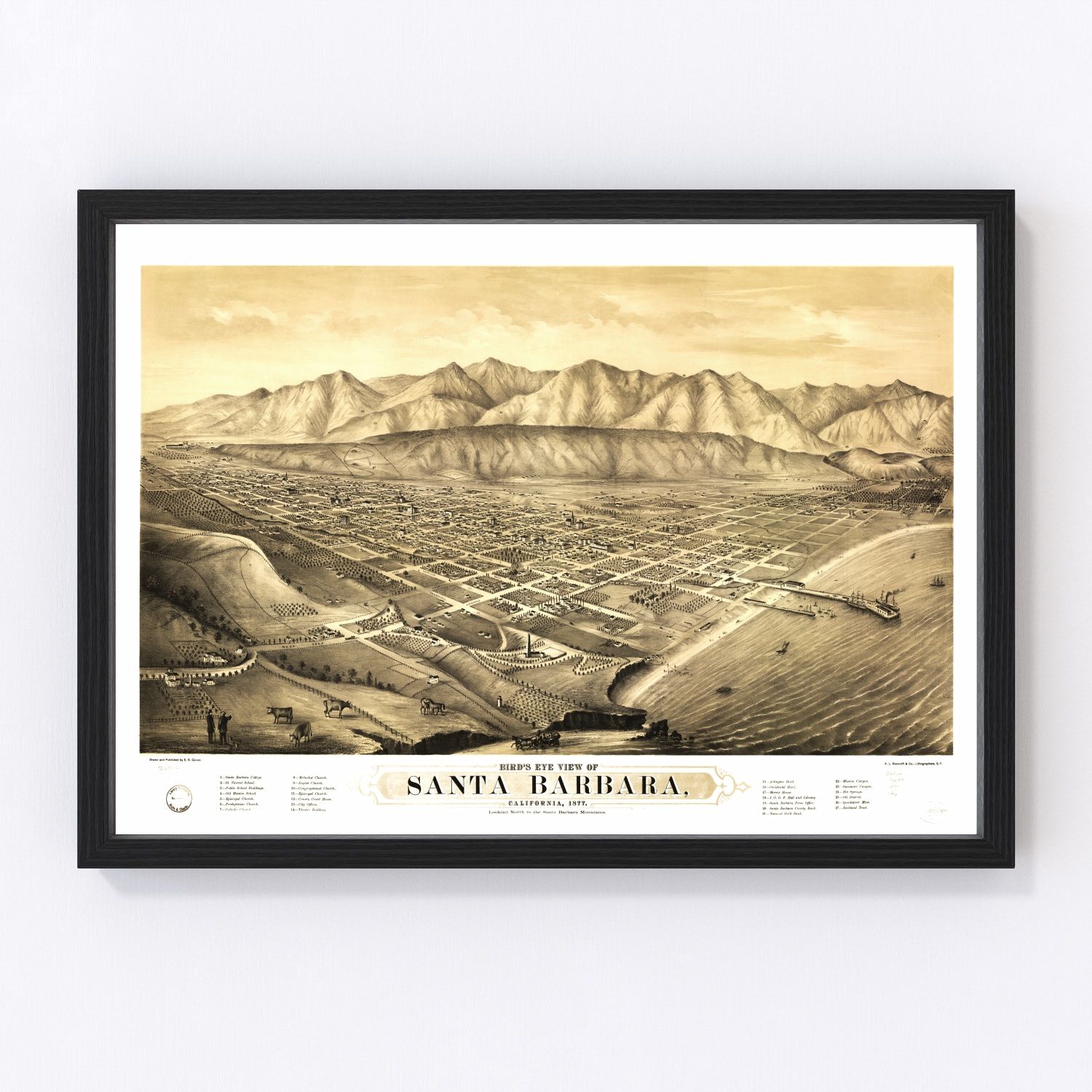 Vintage map of Santa Barbara, California, 1877