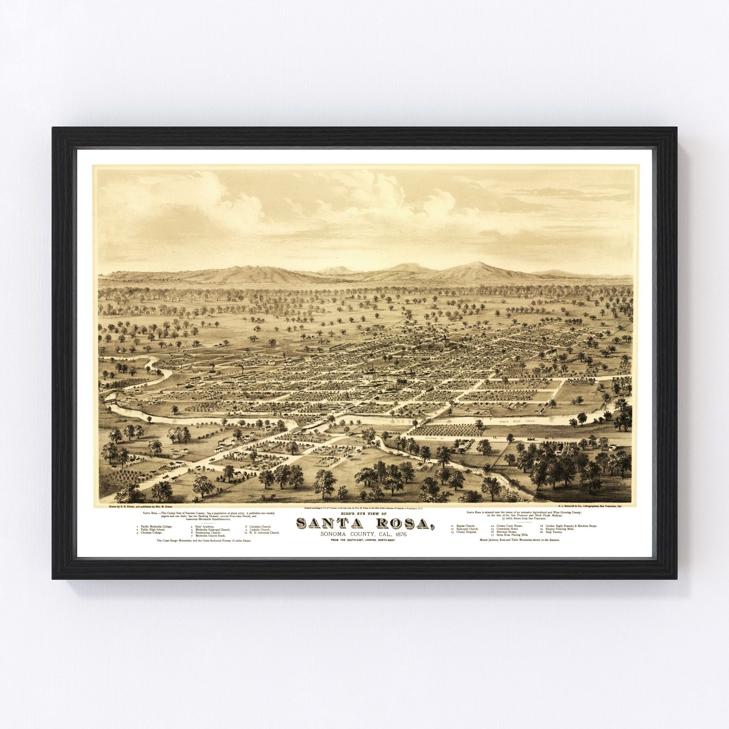 Vintage map of Santa Rosa, California, 1876