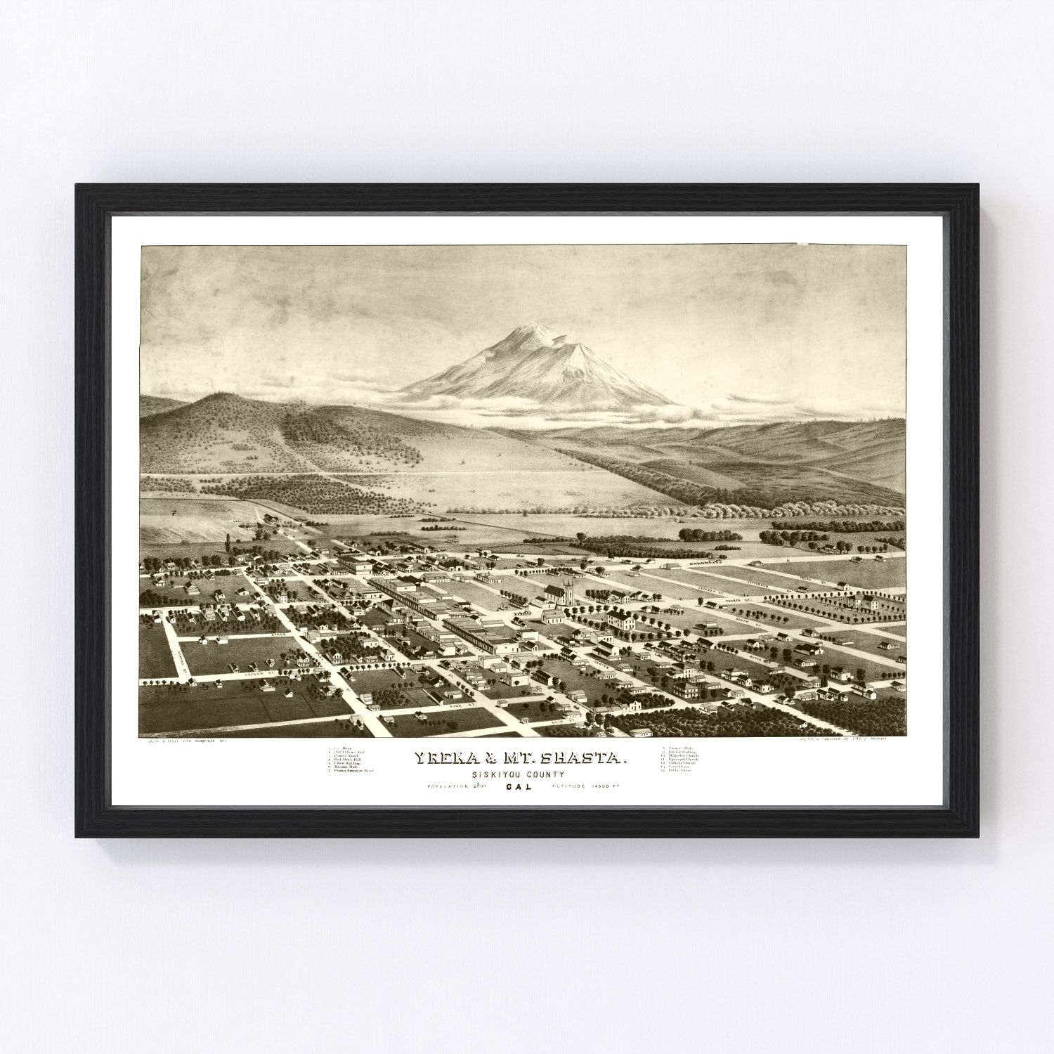Vintage 1884 map of Yreka and Mt Shasta northern California showing volcanic mountain and county, restored print