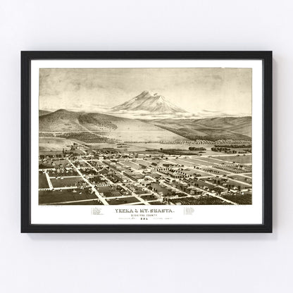 Vintage 1884 map of Yreka and Mt Shasta northern California showing volcanic mountain and county, restored print