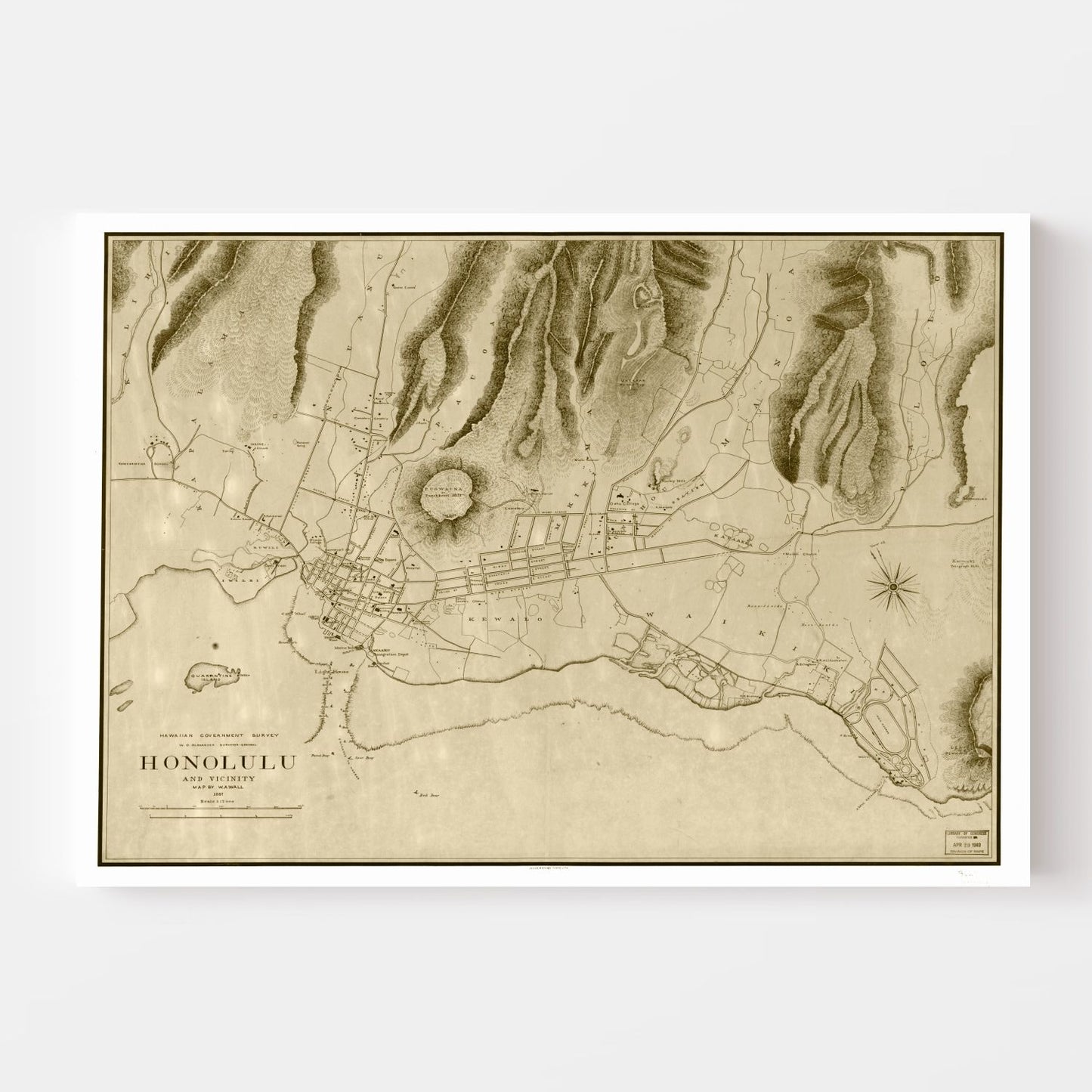Vintage Map of Honolulu, Honolulu County, Hawaii, 1887