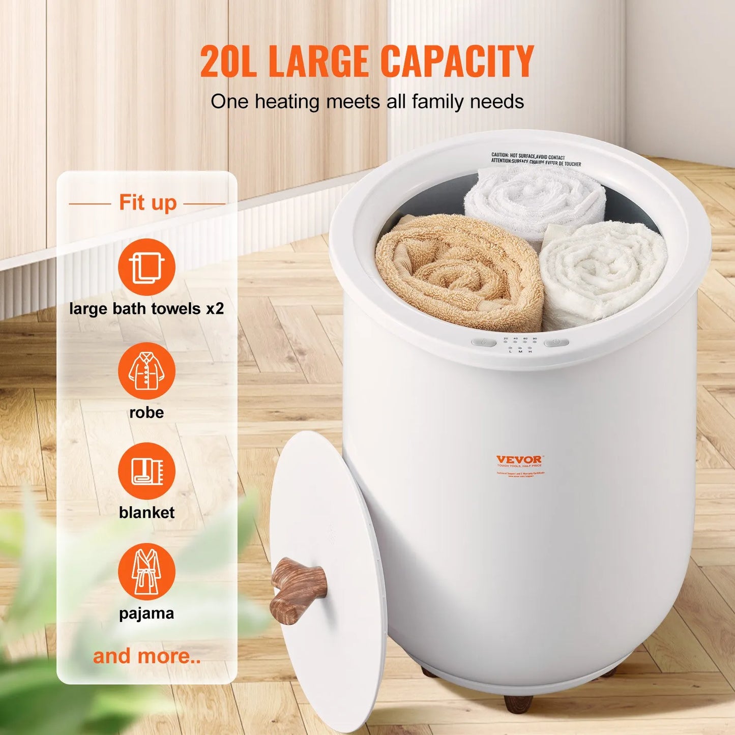 20L towel warmer bucket interior showing 5-sided heating and bottom coils with towels inside