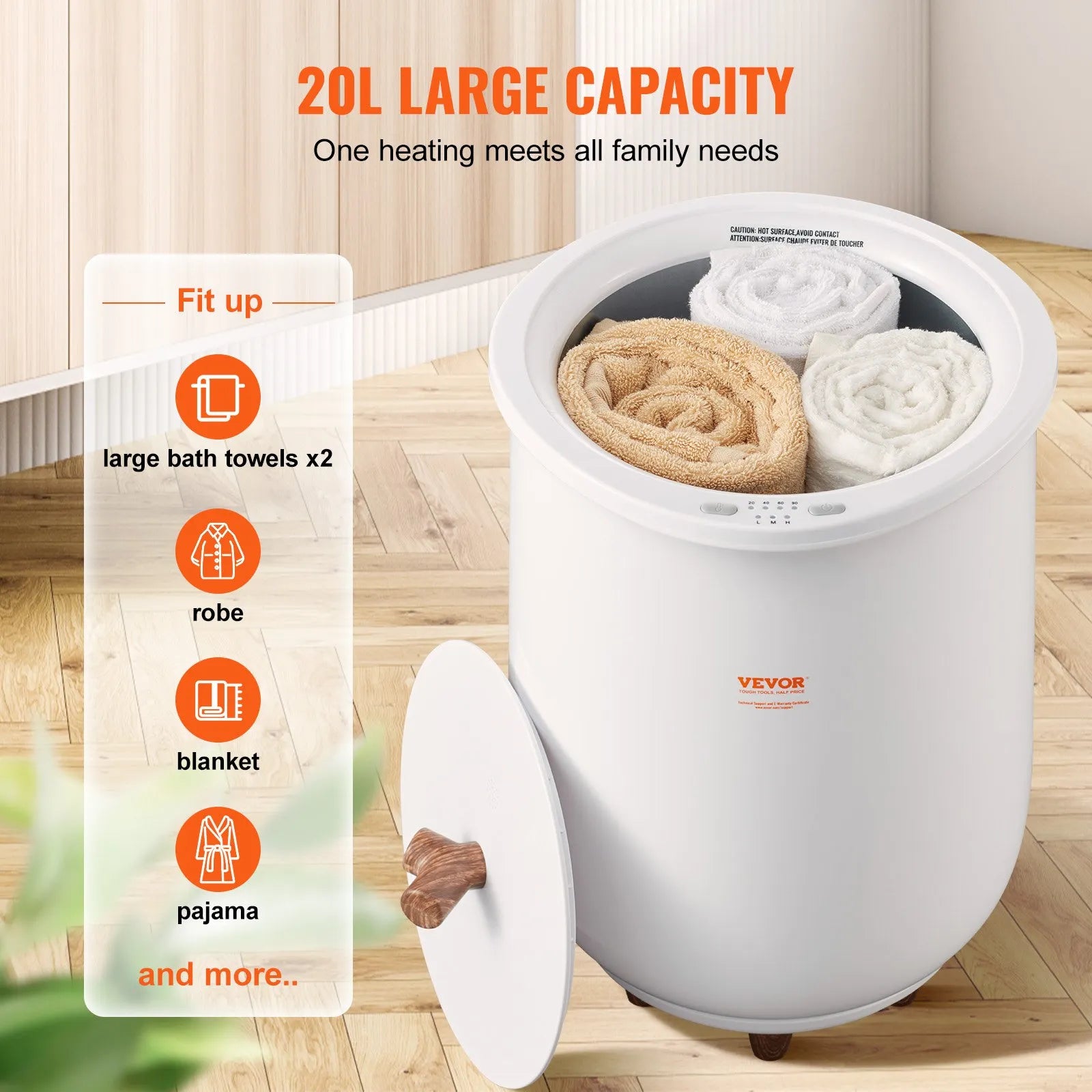 20L towel warmer bucket interior showing 5-sided heating and bottom coils with towels inside