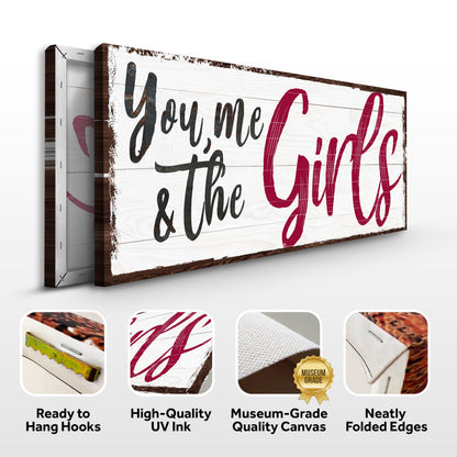 Girls family sign canvas front and side, with text: Ready to Hang Hooks, High-Quality UV Ink, Museum-Grade Quality Canvas, Neatly Folded Edges
