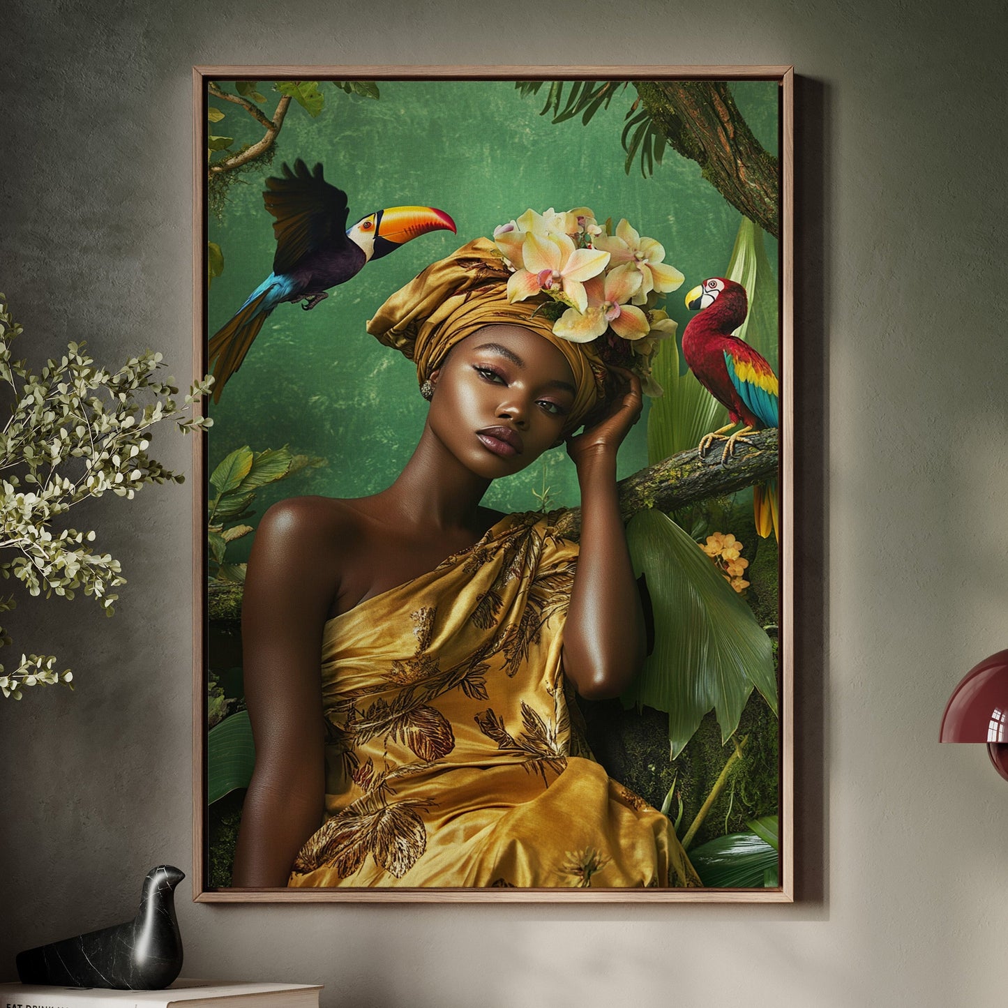 Golden Muse of the Jungle boho tropical portrait with orchids and birds
