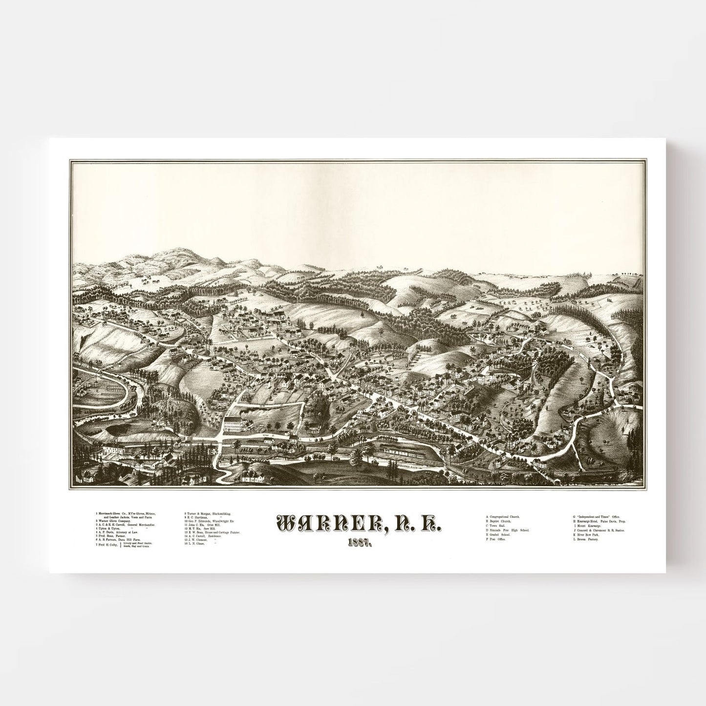 Vintage Map of Warner, New Hampshire, 1887 Wall Art