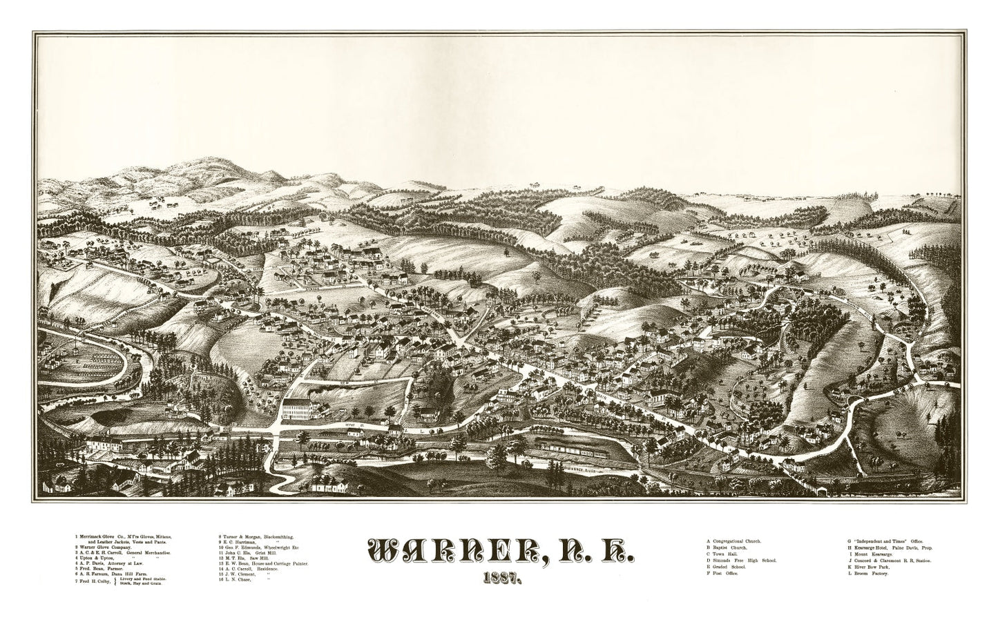 Vintage Map of Warner, New Hampshire, 1887 Wall Art