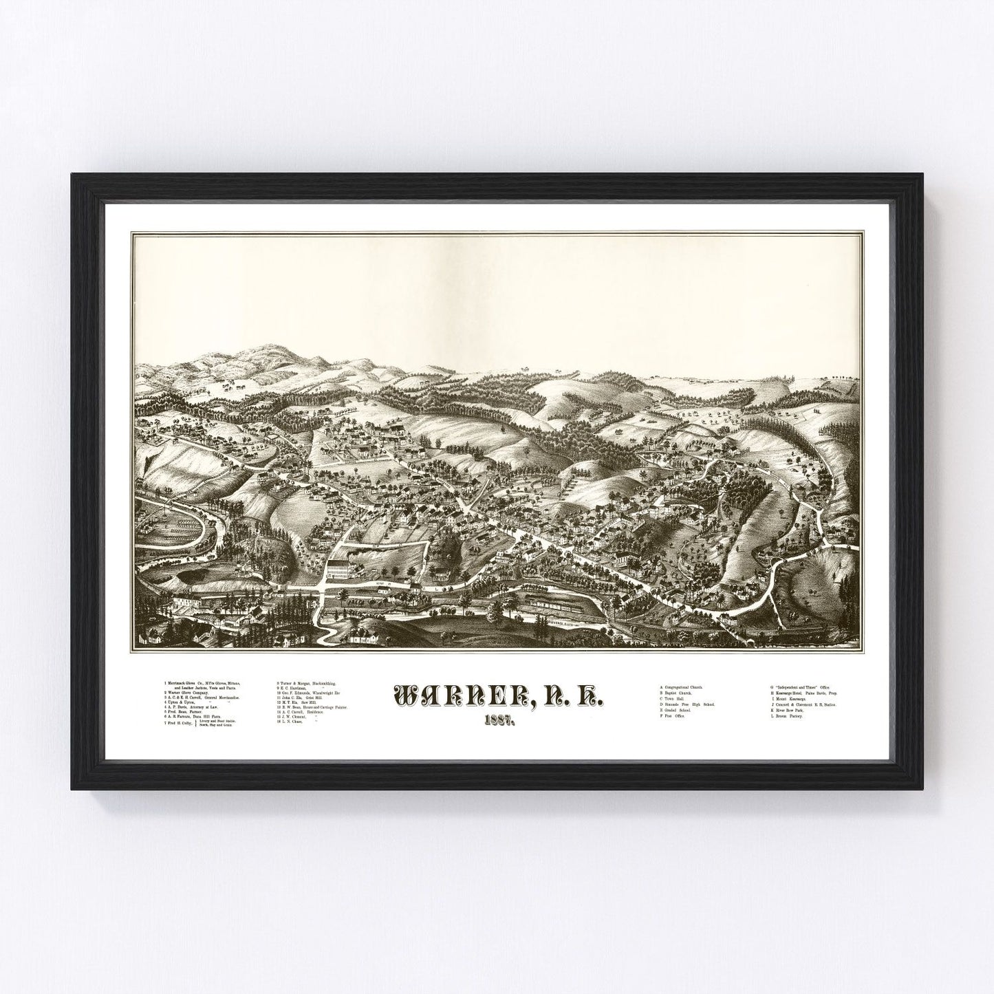Vintage map of Warner, New Hampshire, 1887, restored print