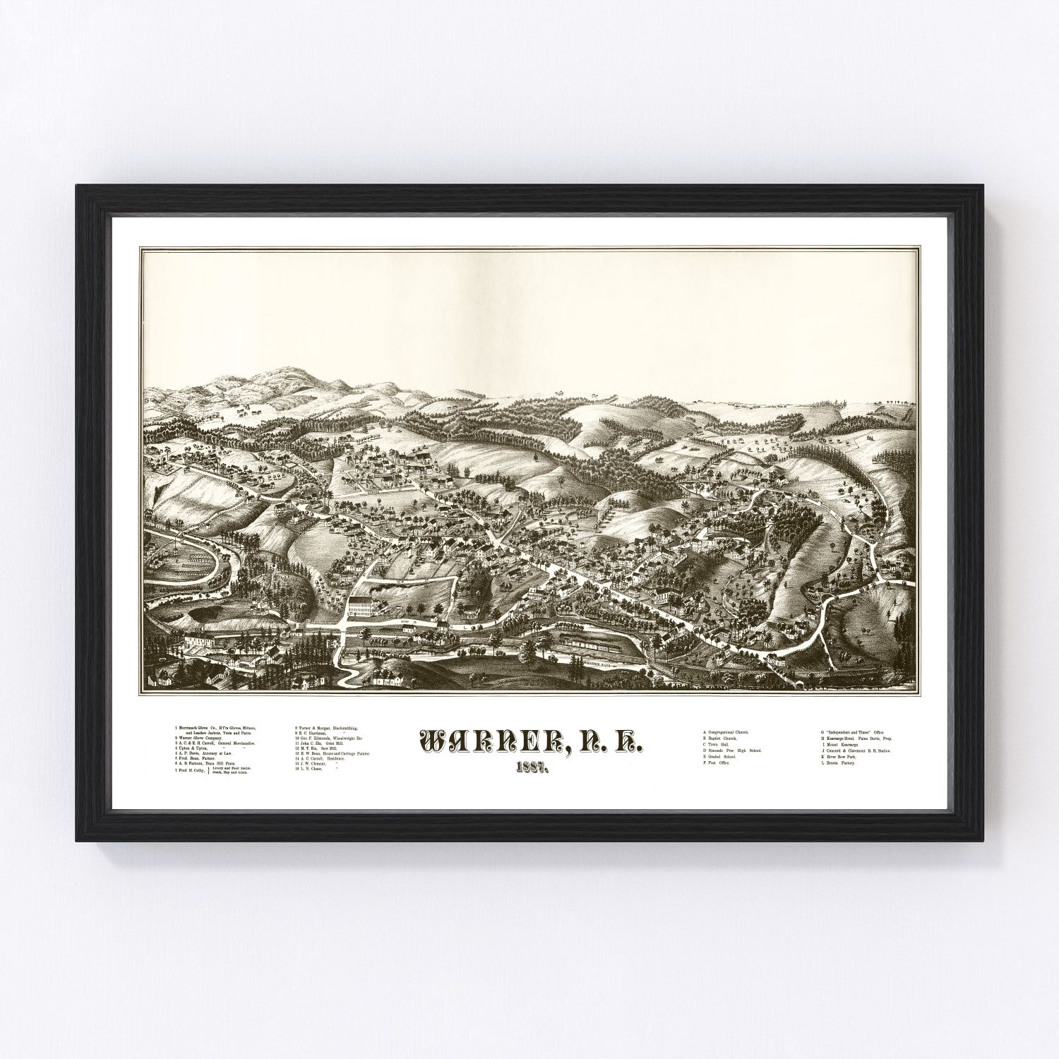 Vintage map of Warner, New Hampshire, 1887, restored print