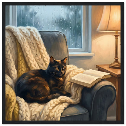 Cozy Cat Reading Poster - The Finishing Touch Your Reading Nook Needs - 40x40 cm / 16x16″ - Black frame / Ready-to-hang - Sparkycare