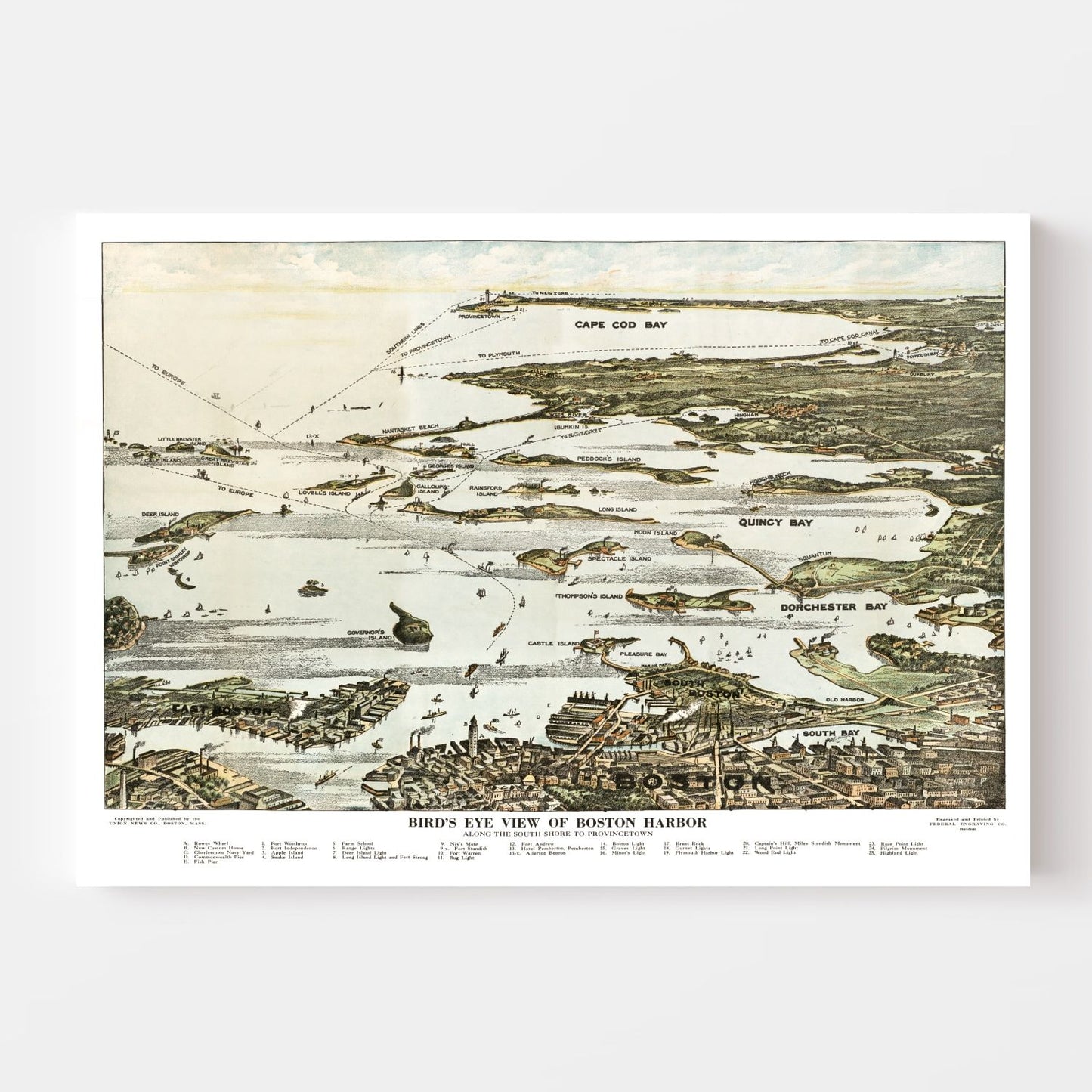 Vintage Map of Boston Harbor, Massachusetts, 1920