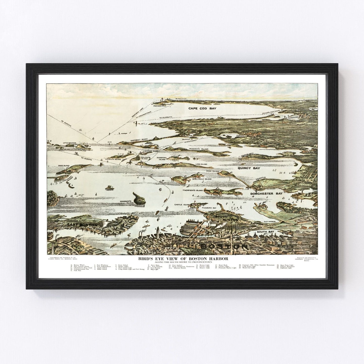 vintage map of Boston Harbor, Massachusetts, 1920, restored print wall art