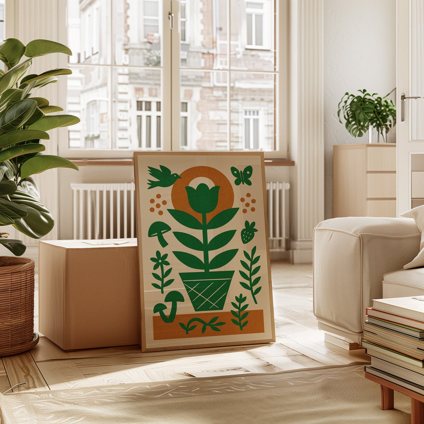 Folk Garden Wall Art - Bird, Butterfly and Tulip Print