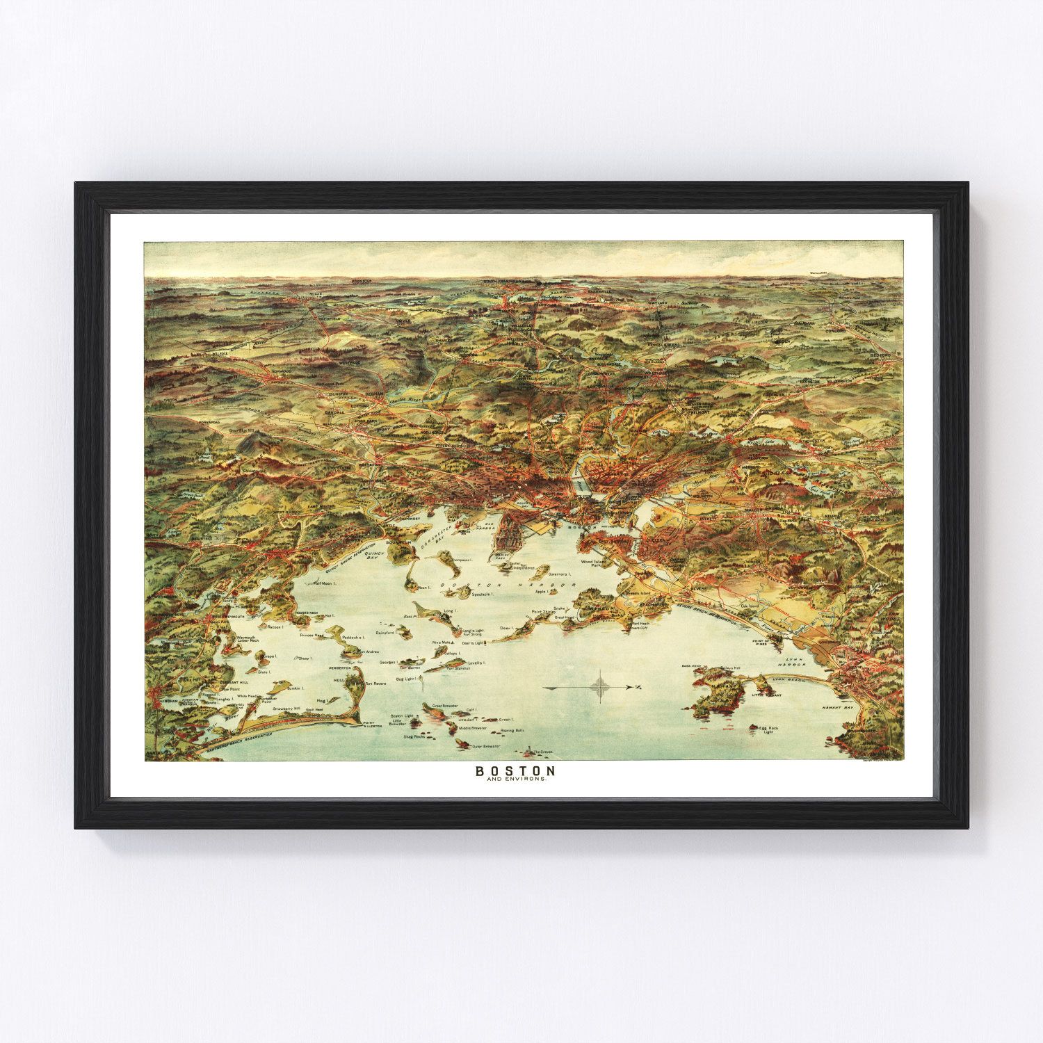 Vintage map of Boston Massachusetts, 1905, Edwardian era digitally restored print