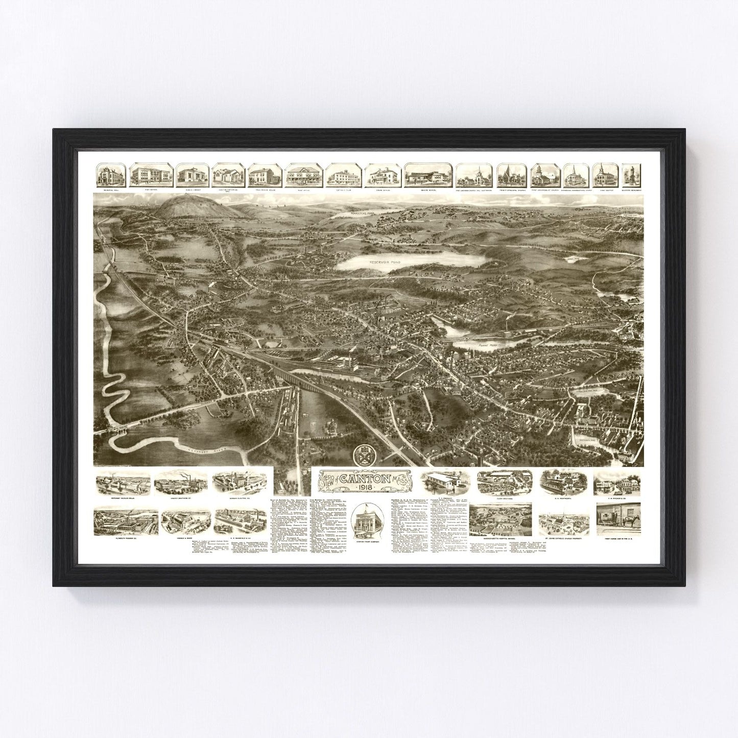 Vintage map of Canton, Massachusetts, 1918, restored vintage wall art print