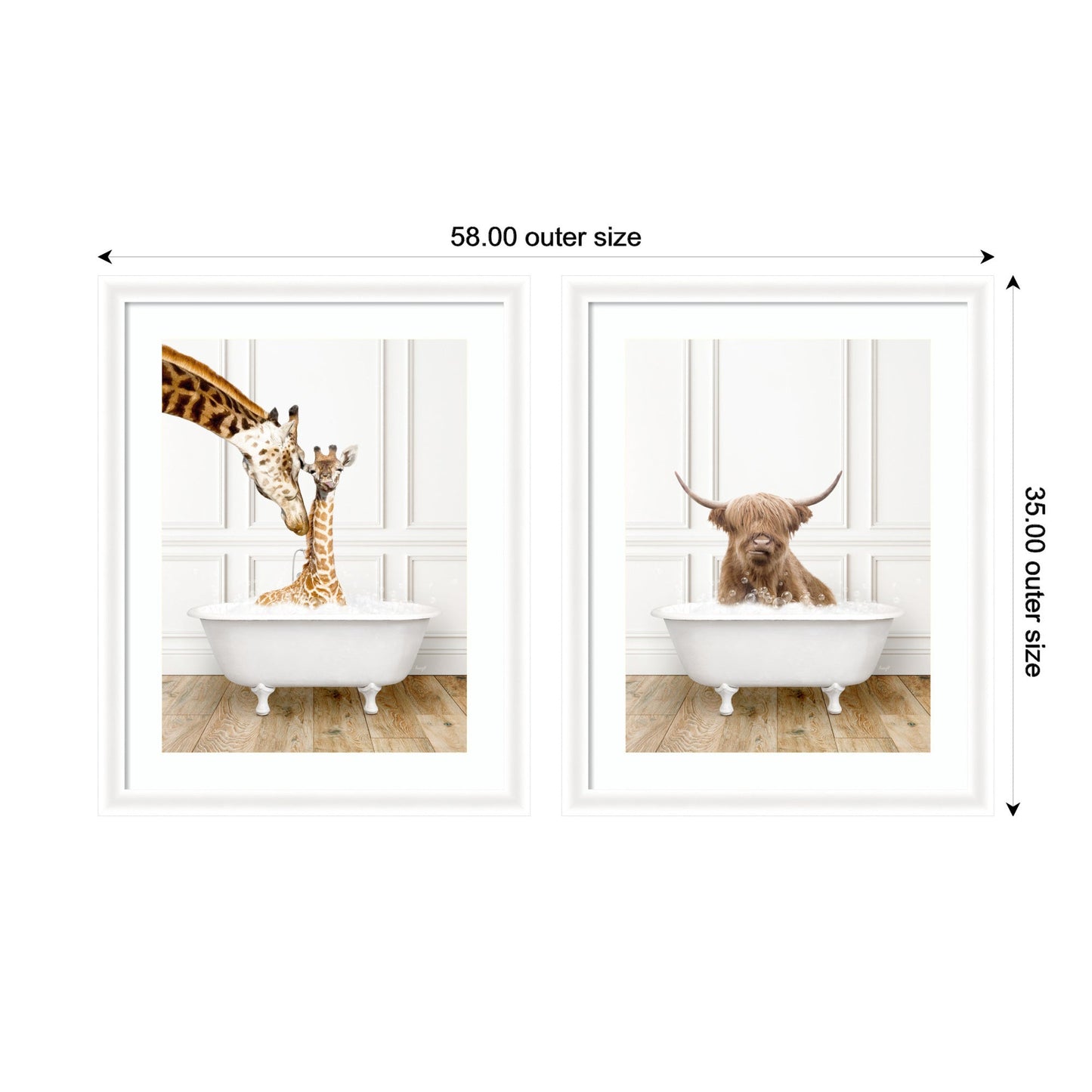 Highland Cow and Giraffe in Bathtub 2 Piece Framed Canvas Art Set