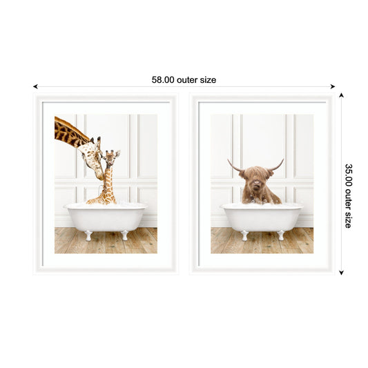 Highland Cow and Giraffe in Bathtub 2 Piece Framed Canvas Art Set