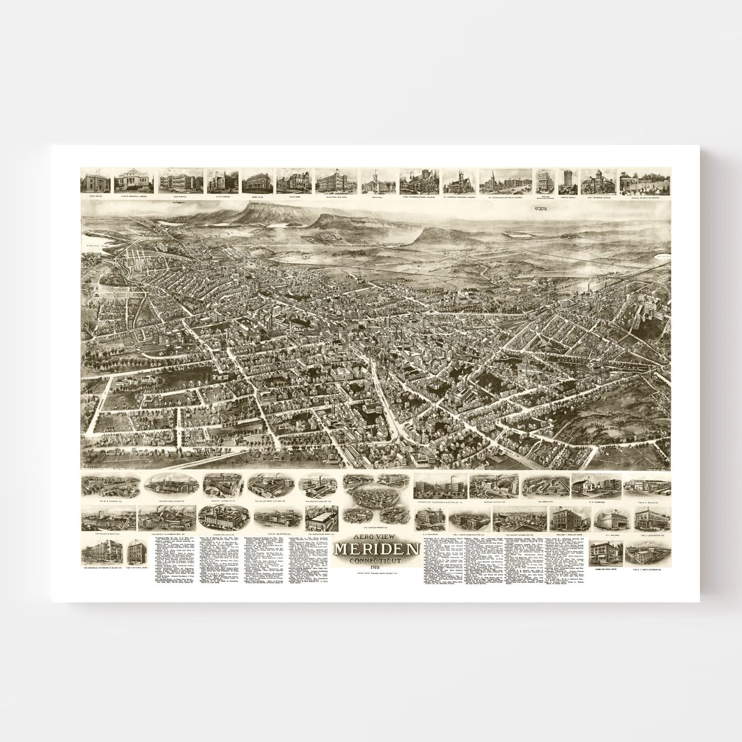 Vintage Map of Meriden, Connecticut, 1918