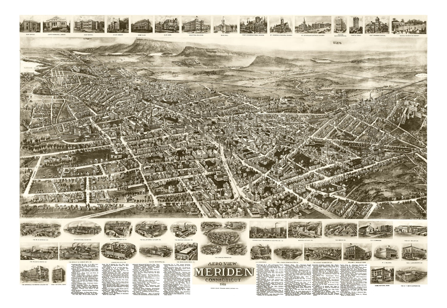 Vintage Map of Meriden, Connecticut, 1918