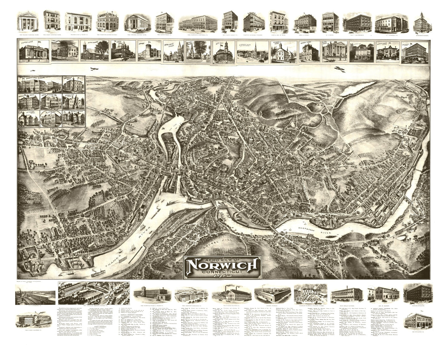 Vintage Map of Norwich, Connecticut, 1912