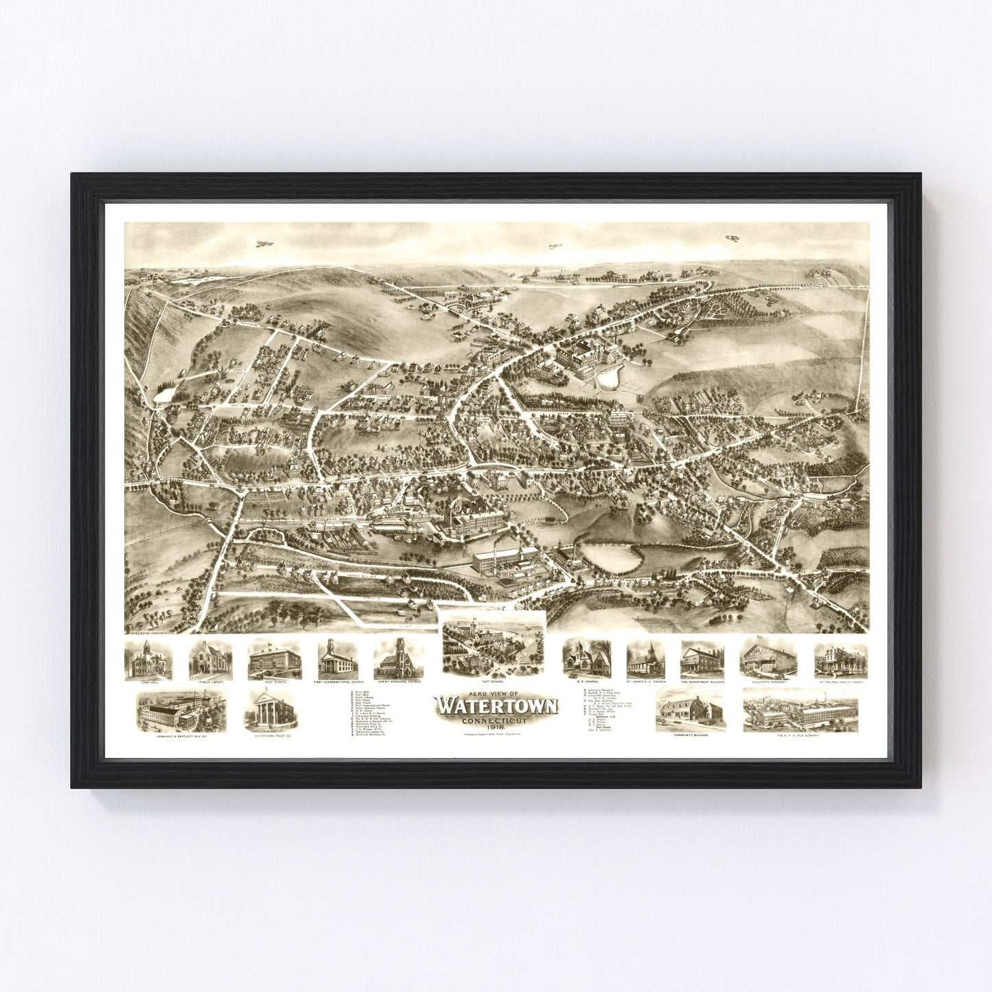 Vintage map of Watertown, Connecticut, 1918 - Litchfield County WWI era restored print