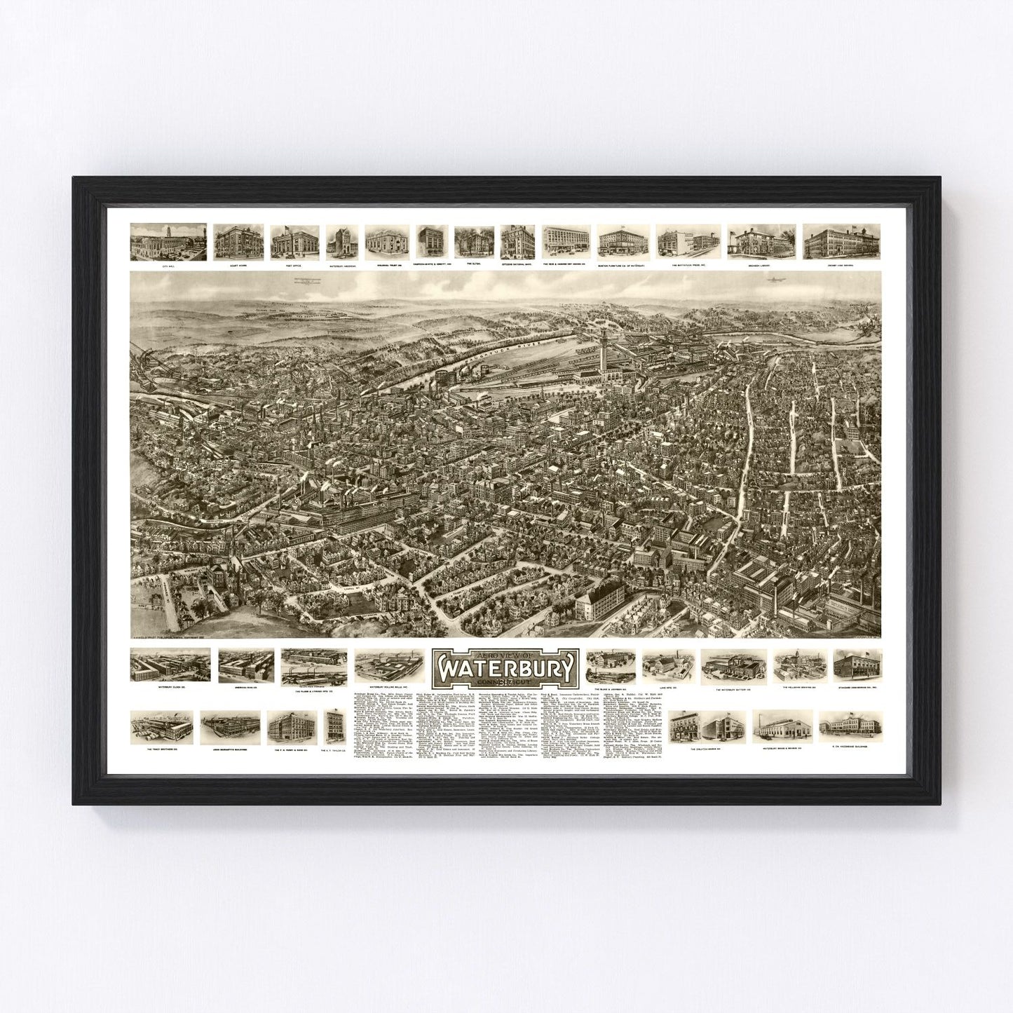 Vintage map of Waterbury, Connecticut, 1917 - Naugatuck River restored print