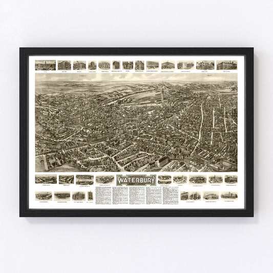 Vintage map of Waterbury, Connecticut, 1917 - Naugatuck River restored print