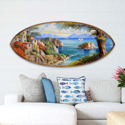Handcrafted wood coastal view surfboard beach wall art