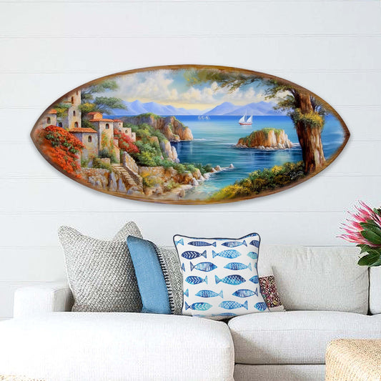 Handcrafted wood coastal view surfboard beach wall art