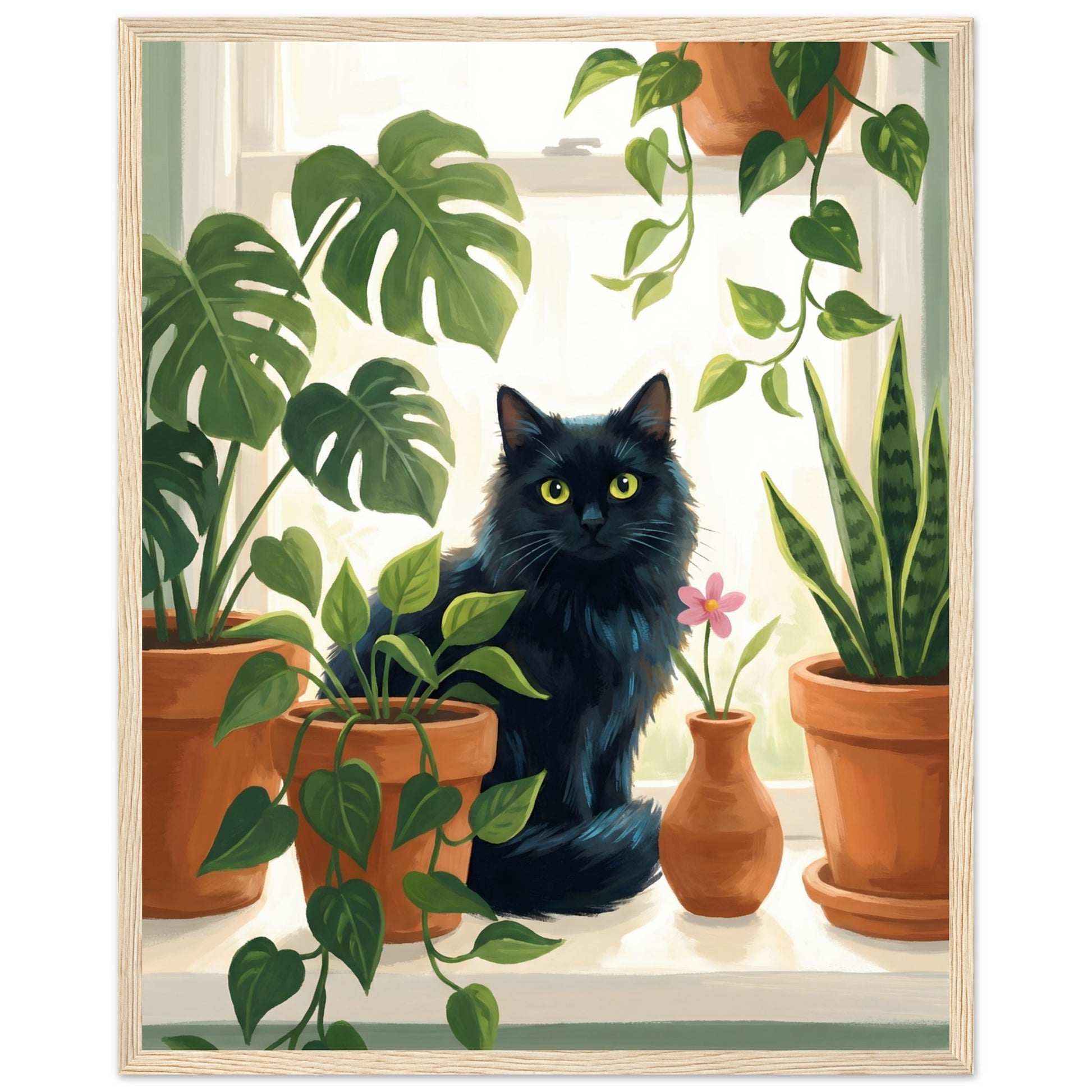 Plant Lover Wall Art - Cat & Houseplants Framed Poster - 40x50 cm / 16x20″ - Wood frame / Ready-to-hang - Sparkycare