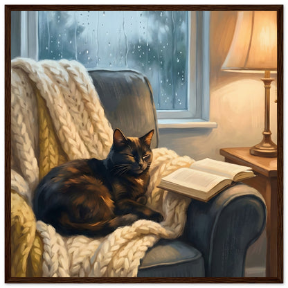 Cozy Cat Reading Poster - The Finishing Touch Your Reading Nook Needs - 50x50 cm / 20x20″ - Dark wood frame / Ready-to-hang - Sparkycare