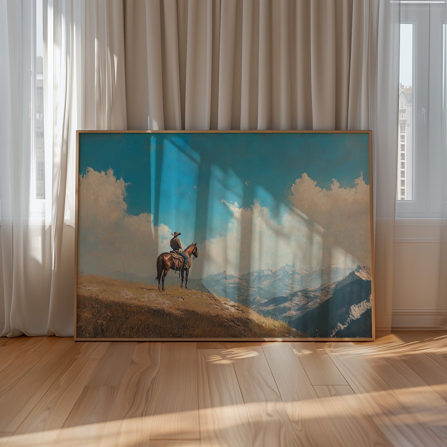 Lone Cowboy on Horseback Western Mountain Print