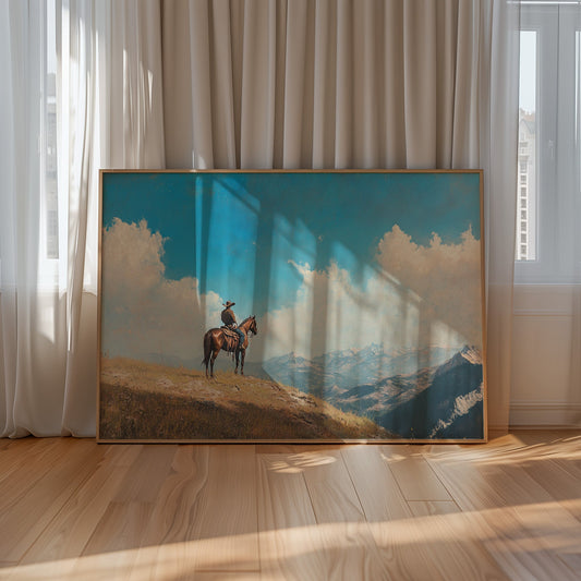 Lone Cowboy on Horseback Western Mountain Print