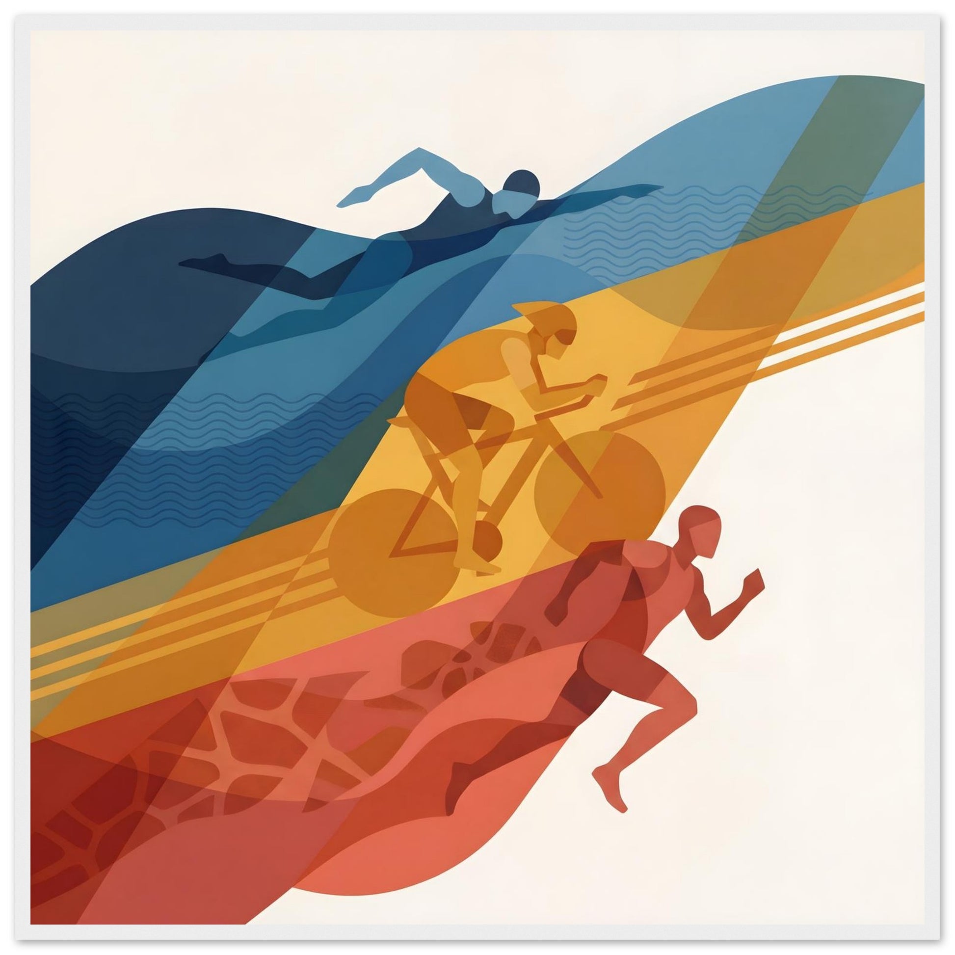 Abstract Triathlon Print: Geometric Swim Bike Run Wall Art - 70x70 cm / 28x28″ - White frame / Ready-to-hang - Sparkycare