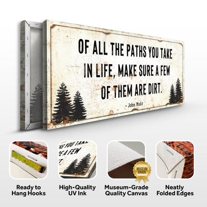 Paths in Life sign canvas front and side, with text: Ready to Hang Hooks, High-Quality UV Ink, Museum-Grade Quality Canvas, Neatly Folded Edges