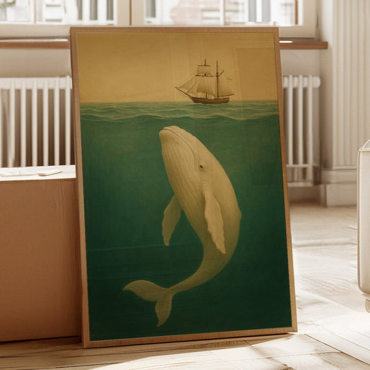 Whale beneath a golden horizon and sailing ship vintage seascape wall art