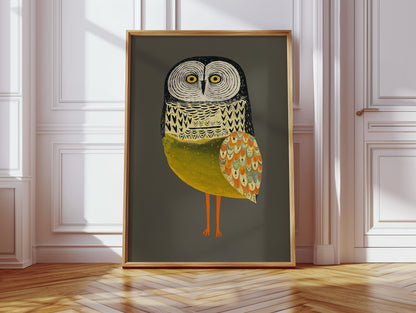 Stylized Owl Wall Art - Golden Feather Bird Print