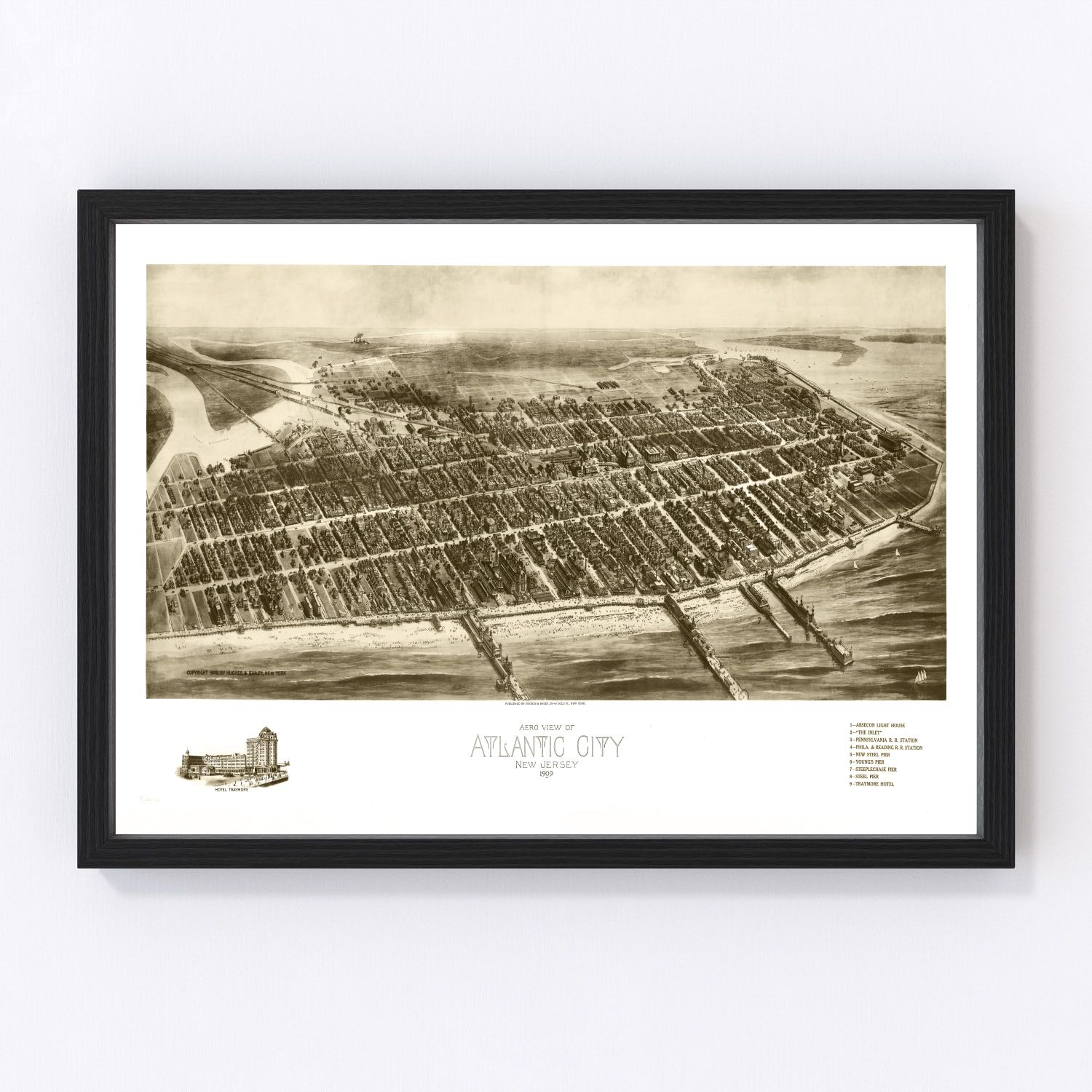 vintage map of Atlantic City, New Jersey, 1909, Edwardian boardwalk resort