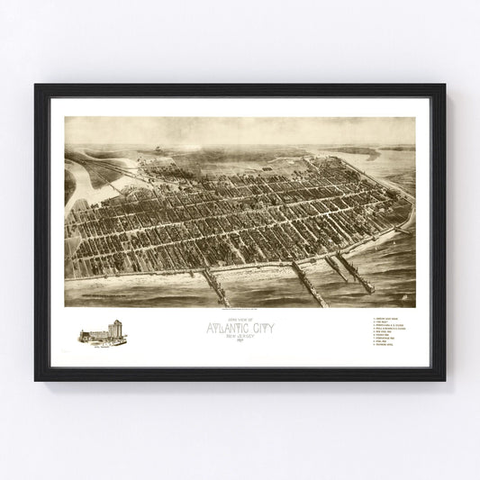 vintage map of Atlantic City, New Jersey, 1909, Edwardian boardwalk resort