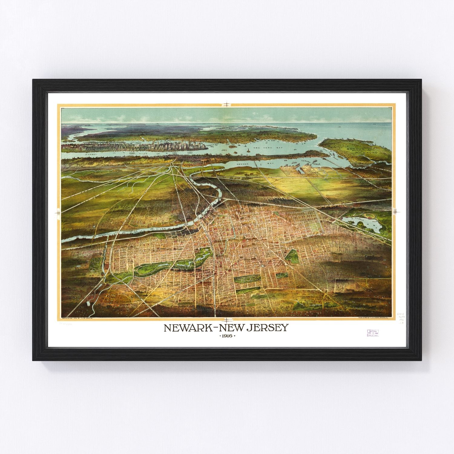 Vintage map of Newark, Essex County, New Jersey, 1916