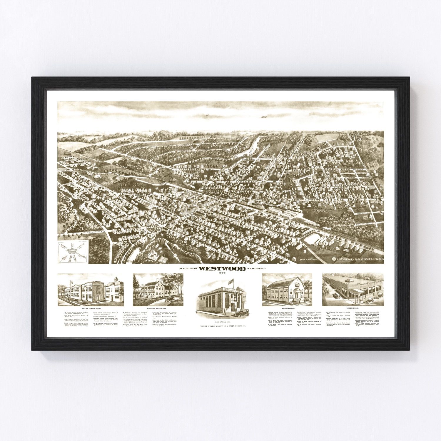 Vintage map of Westwood, New Jersey, 1924, Bergen County commuter suburb