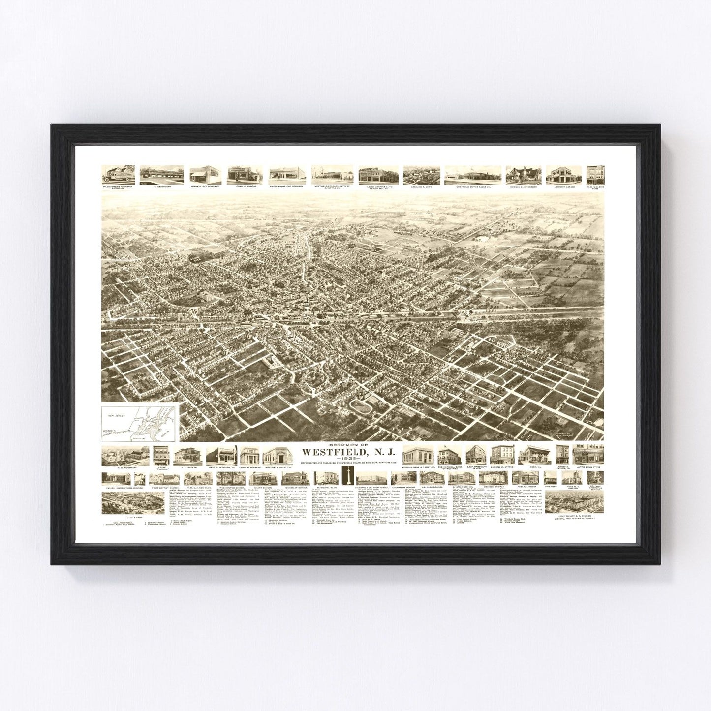 Vintage map of Westfield, New Jersey, 1929, Union County commuter suburb 1920s