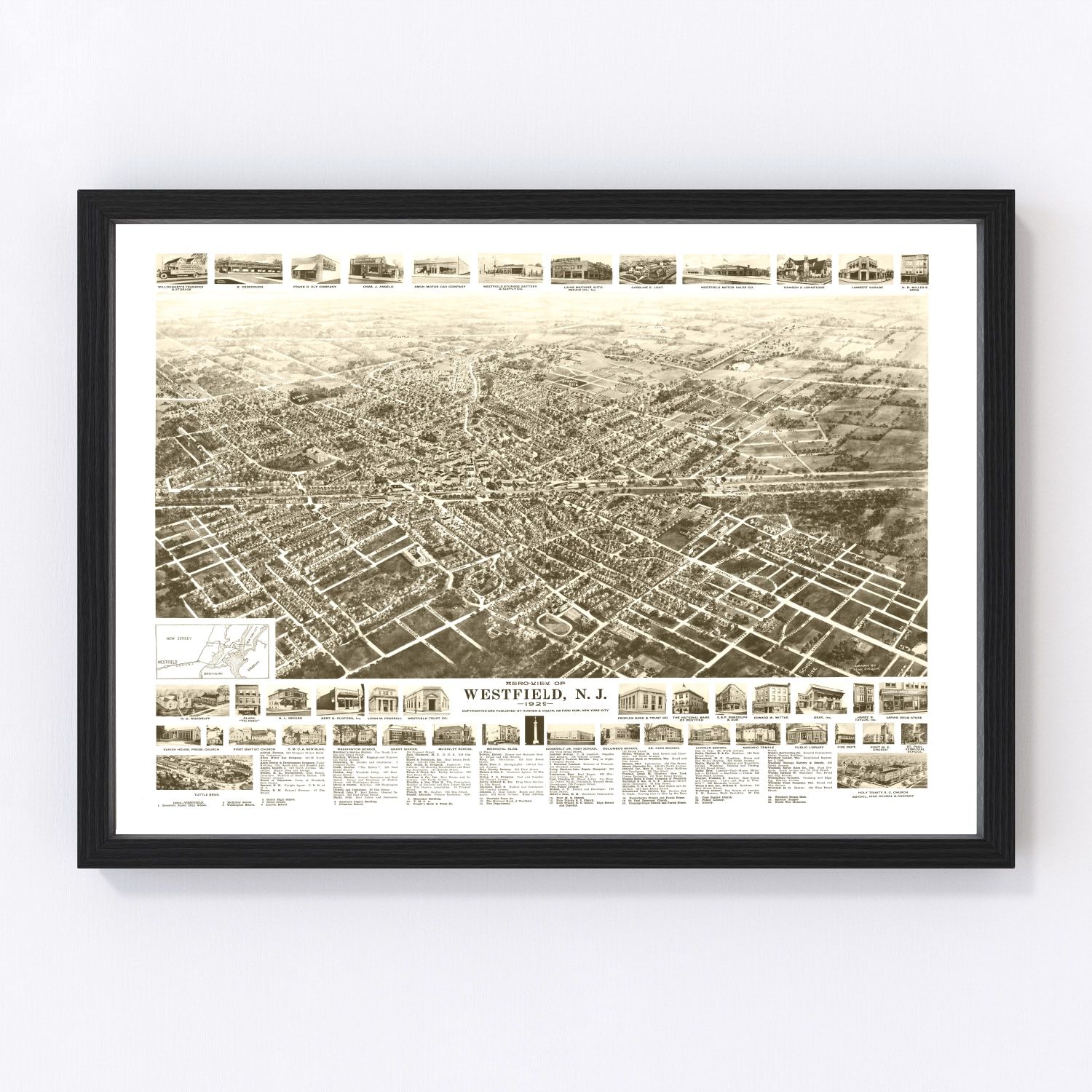 Vintage map of Westfield, New Jersey, 1929, Union County commuter suburb 1920s