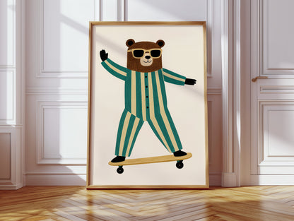 Cool Bear on Skateboard Retro Kids Wall Art