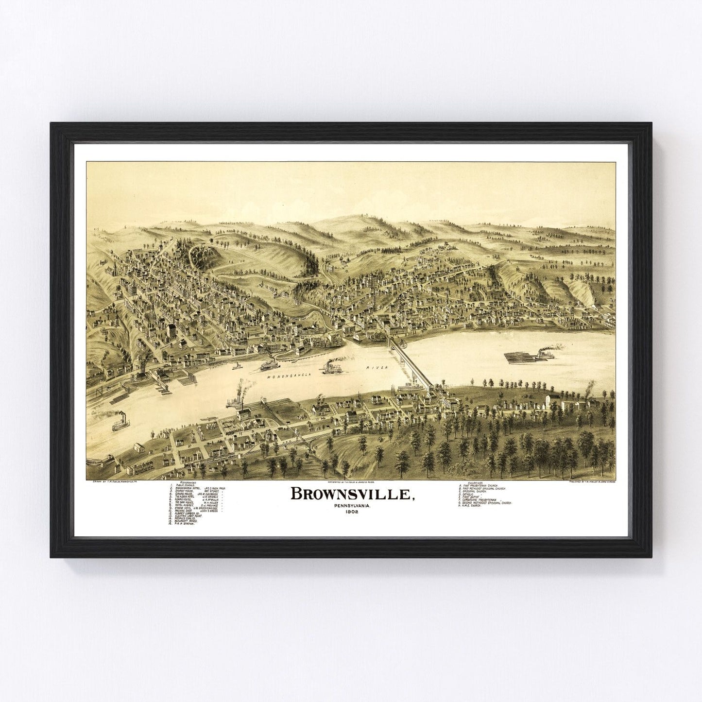 Vintage map of Brownsville, Pennsylvania, 1902, Monongahela River
