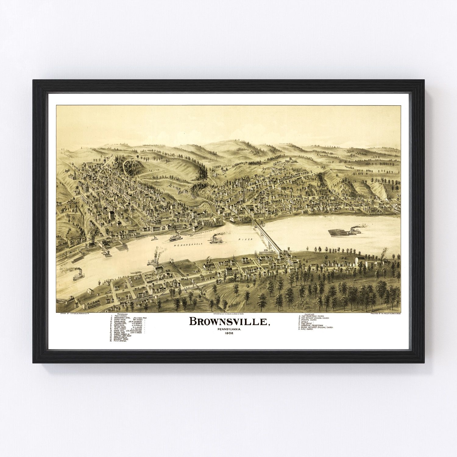 Vintage map of Brownsville, Pennsylvania, 1902, Monongahela River