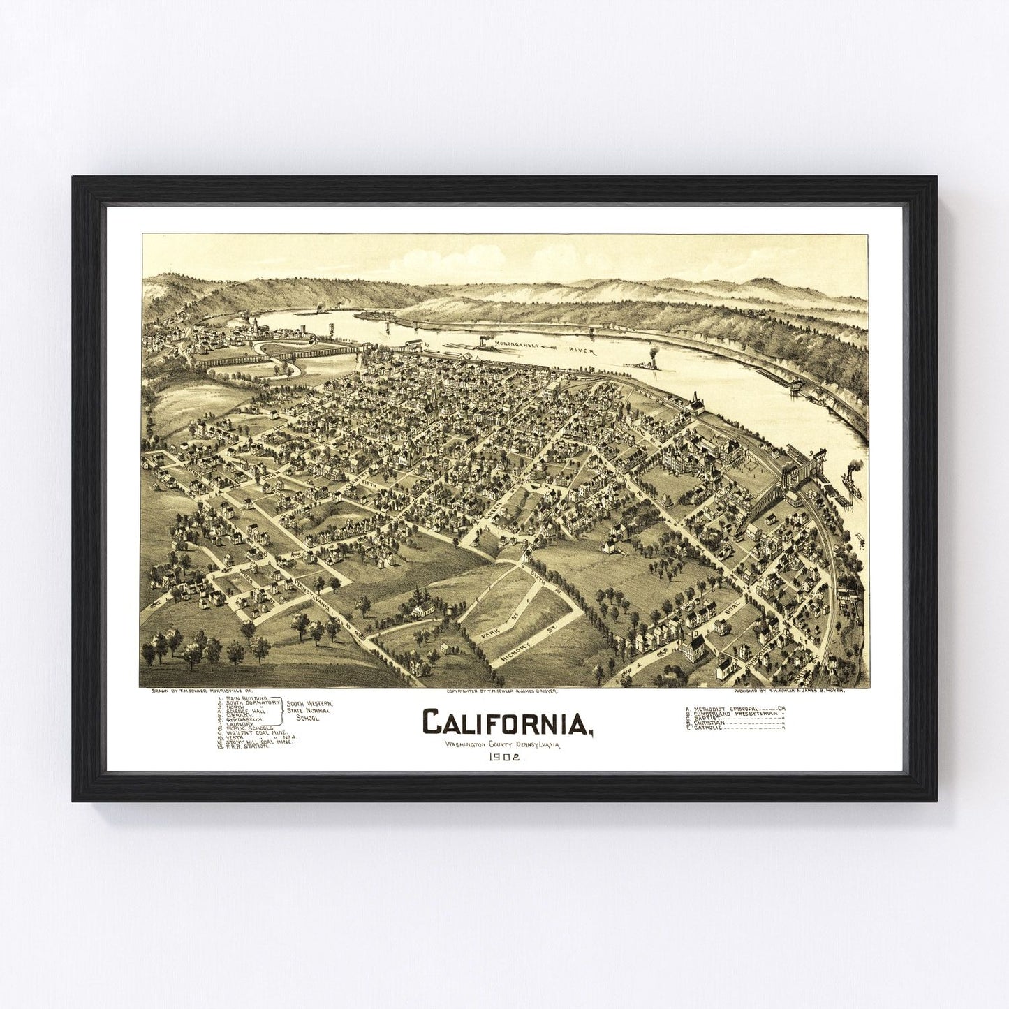Vintage map of California, Pennsylvania, 1902, Washington County restored print