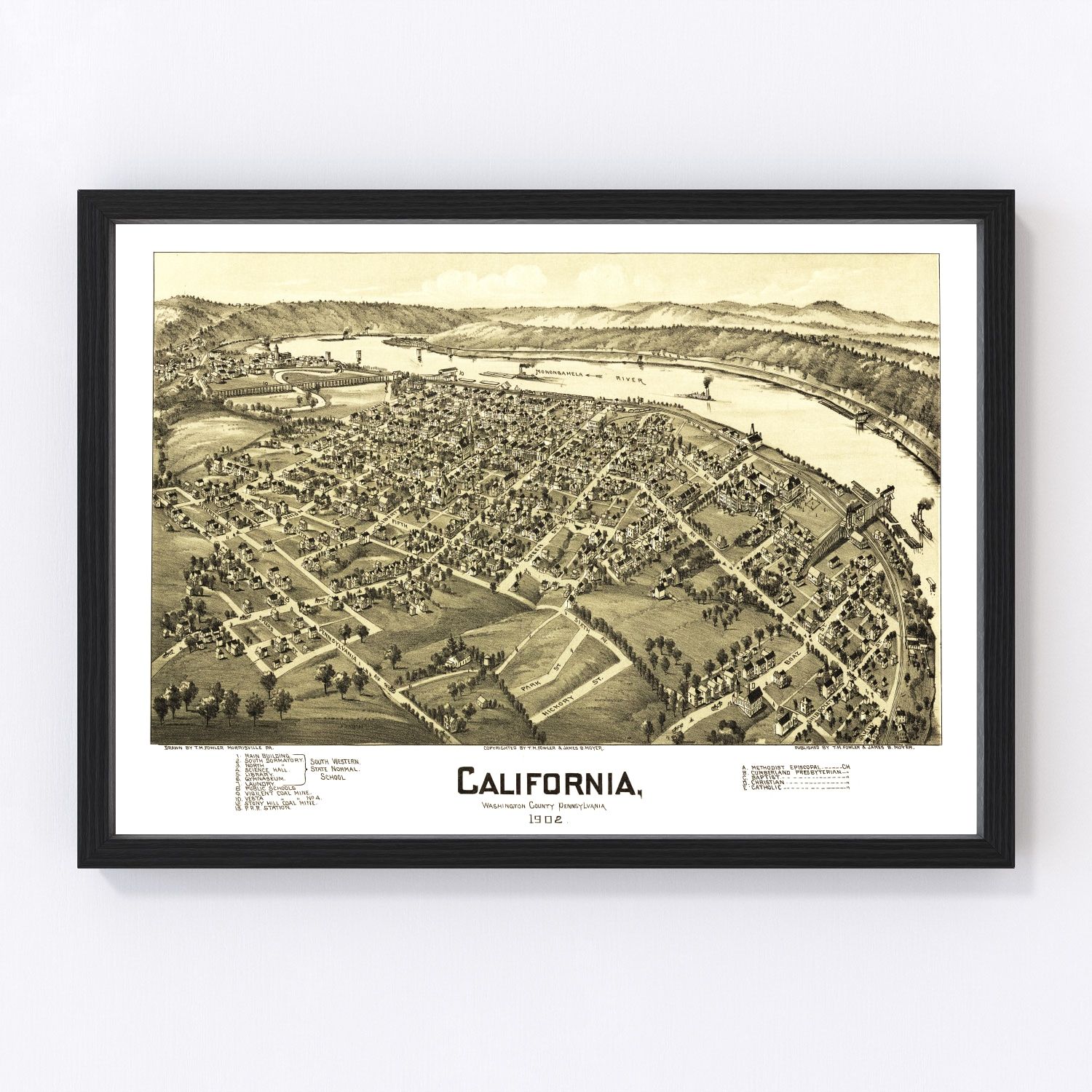 Vintage map of California, Pennsylvania, 1902, Washington County restored print