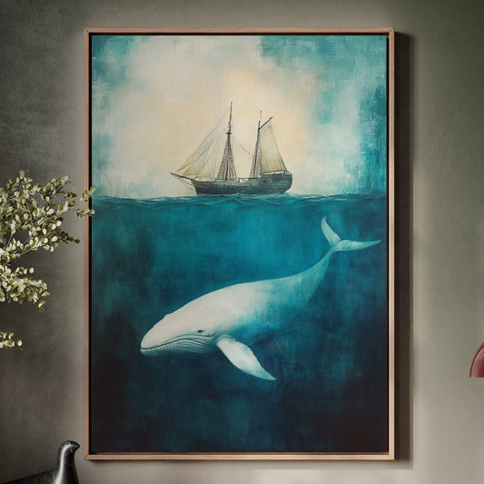 Deep blue whale gliding beneath a sailing ship nautical seascape wall art