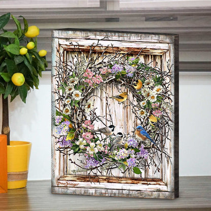 Spring Wreath with Birds Wood Wall Art - Floral Decor
